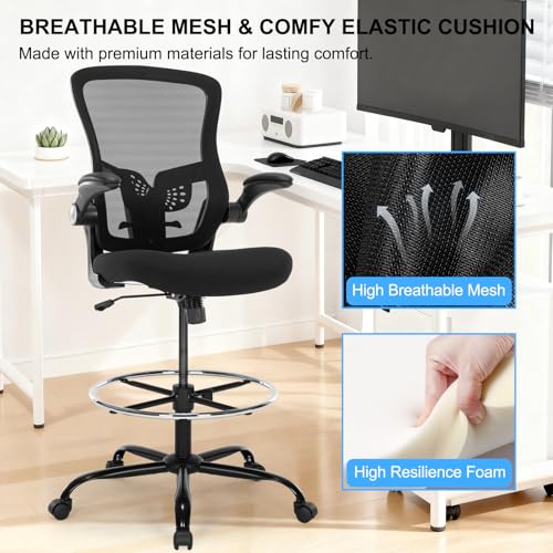 Drafting Chair, Ergonomic Tall Office Chair with Lumbar Support Standing Desk Stool with Flip-up Armrests Comfy High Office Desk Chair with Adjustable Foot Ring for Counter Height Desk, Black