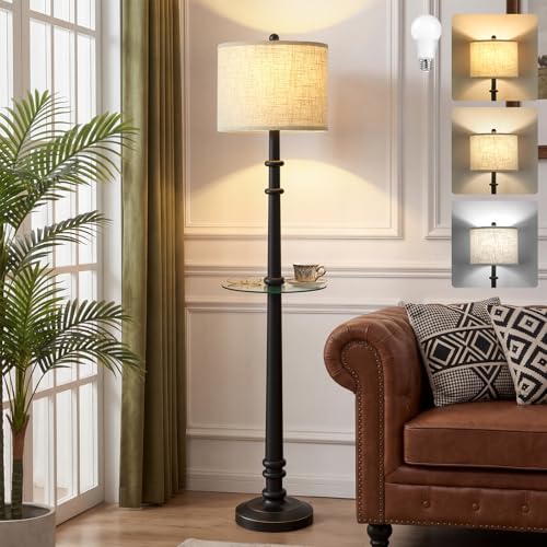 EJIAXIN Floor Lamps for Living Room - 60" Farmhouse Floor Lamp with Adjustable Color Temperatures - Vintage Standing Lamp Reading Light - Retro Tall Lamp with Table for Bedroom Office, Rustic Black - color: Rustic Black