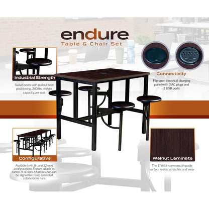 Romig Endure Standing Height Collaborative Table and Chair Set with 4 Pull-Out Swivel Stools, Walnut Top, Walnut Seats, Built-in Power Outlets and USB Charging, Classroom Training Table - color: Walnut/Walnut, size: 4 Seater