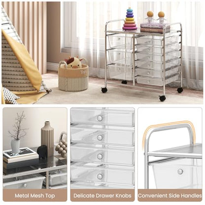 RELAX4LIFE 9 Drawer Rolling Storage Cart - Mobile Drawer Carts for Craft Art Supply Paper Salon, Utility Cart on Wheels for Classroom Teacher School Office, Rolling Cart with Drawers (Clear) - color: Clear, style: 9 Drawers
