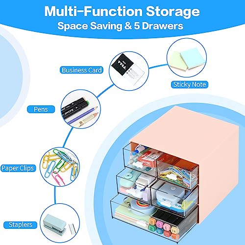 Desk Organizer with 5 Drawers, Rectangular Office Stationery Supplies Desktop Drawers, Plastic Makeup Storage, Suitable for Office, School, Home (Pink & 5 Drawers) - color: Pink & 5 Drawers
