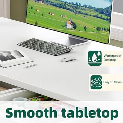 JSB 43.3 Inch White Computer Desk with 2 Drawers for Home Office Bedroom - color: White, size: 43.3 inch