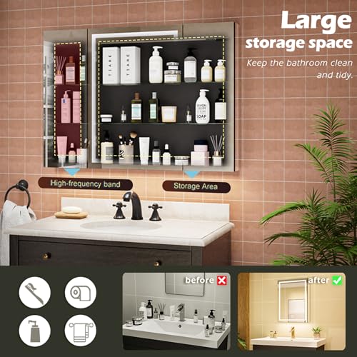 40*28 inch Three-door Aluminum LED Lighted Bathroom Medicine Mirror Cabinet | Light Adjustable, Sockets & USBs inside, Anti-Fog, Easy to Install - color: 40*28 Three-door