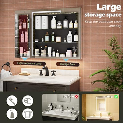 40*28 inch Three-door Aluminum LED Lighted Bathroom Medicine Mirror Cabinet | Light Adjustable, Sockets & USBs inside, Anti-Fog, Easy to Install - color: 40*28 Three-door