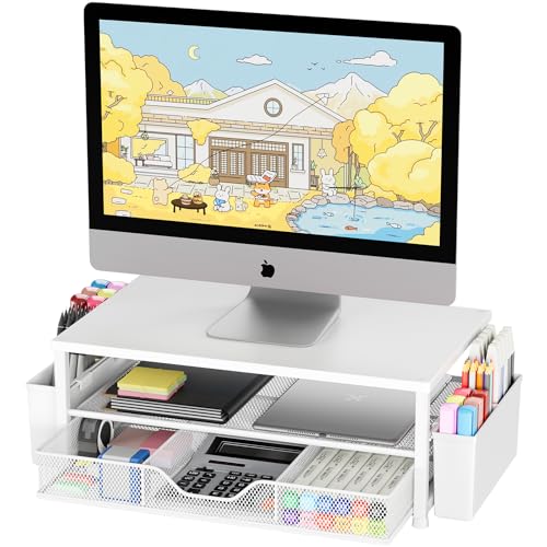 Desk Organizers and Accessories, Computer Monitor Stand Riser with Drawer and 2 Pen Holders, Printer & Laptop Stand, Office Desk Accessories & Workspace Organizers for Home Office Supplies, White Wood - color: White Wood