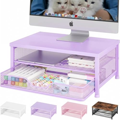 OPNICE Computer Monitor Stand Riser, Desk Organizer with Drawer, Printer & Laptop Stand, Office Desk Accessories & Workspace Desktop Organizers Storage for Office Supplies(Purple) - color: Purple, size: 14 x 9.1 x 5.6