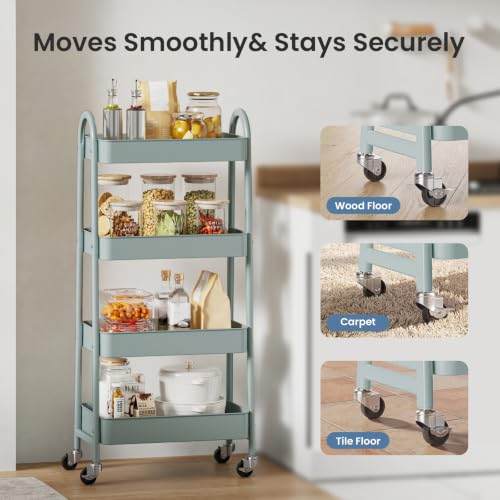 DUMOS 4 Tiers Rolling Utility Cart, Storage Organizer, Shelving Unit | Metal, Lockable Wheels, Mobile, Kitchen, Bathroom, Laundry, Narrow Places, Light Green - color: 4-tier Green
