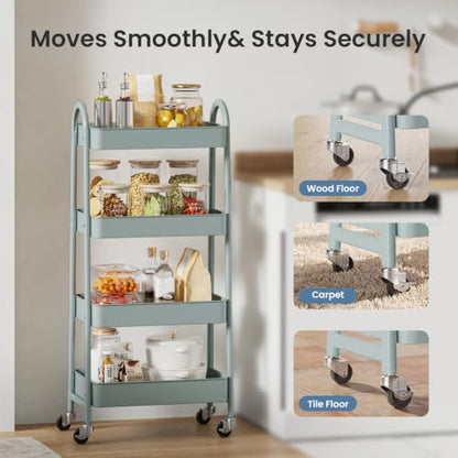 DUMOS 4 Tiers Rolling Utility Cart, Storage Organizer, Shelving Unit | Metal, Lockable Wheels, Mobile, Kitchen, Bathroom, Laundry, Narrow Places, Light Green - color: 4-tier Green