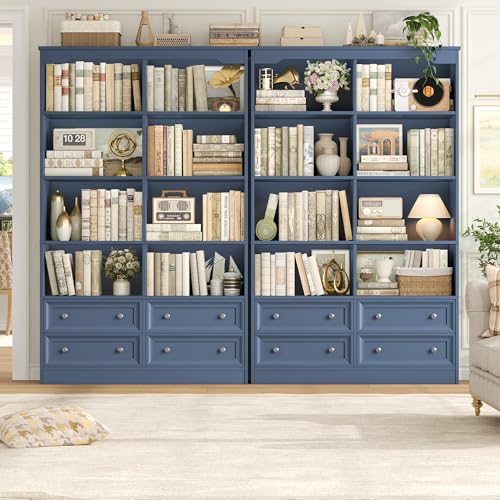 71" Tall Bookshelf with 4 Drawers Large Bookshelf Office Bookcase | 6-Tier Double Wide Bookshelves and Bookcases with Storage, Tall Bookshelf Standing Book Cabinet for Home Office, Blue - color: Blue