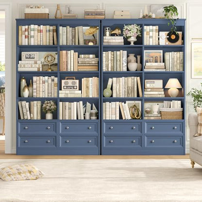 71" Tall Bookshelf with 4 Drawers Large Bookshelf Office Bookcase | 6-Tier Double Wide Bookshelves and Bookcases with Storage, Tall Bookshelf Standing Book Cabinet for Home Office, Blue - color: Blue