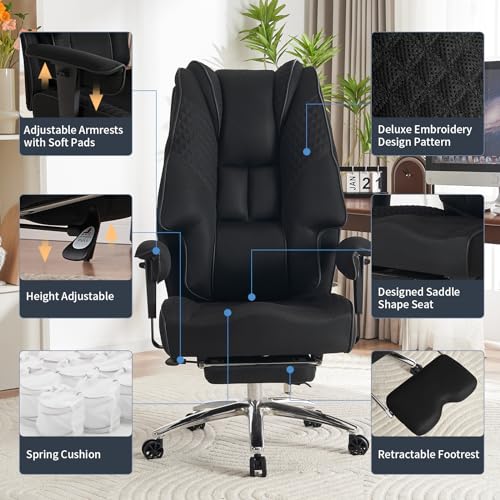 Big and Tall Office Chair 400lbs Wide Seat, Leather High Back Executive Office Chair with Foot Rest, Ergonomic Chairs Lumbar Support for Lower Back Pain Relief (Mesh Black) - color: Mesh Black