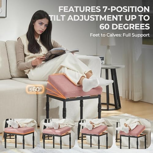 Adjustable Ottoman Pouf Footrest, 60 Degree Tilt, Pink Faux Suede | 4-Height, 28 Positions, Iron frame, Foam Cushion, 15.74 x 11.81 x 13.34 in, Under Desk, Living room, Home Office - color: Pink Faux Suede