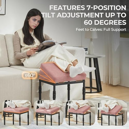 Adjustable Ottoman Pouf Footrest, 60 Degree Tilt, Pink Faux Suede | 4-Height, 28 Positions, Iron frame, Foam Cushion, 15.74 x 11.81 x 13.34 in, Under Desk, Living room, Home Office - color: Pink Faux Suede