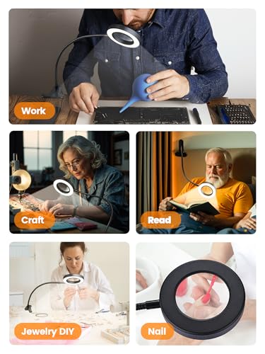 10X Magnifying Glass with Light,5 Colors+10 Brightness Reading Lamp,58 LED Magnifier with Light,750 Lumen Lighted Magnifying Glass for Reading,Clip on Lamp for Desk/Bed/Work/Nail [Adapter]
