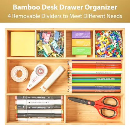 Umilife Large Bamboo Desk Drawer Organizer, Wood Office Junk Tray, 15"x12" | 2.4" Tall for Deep Drawer - Adjustable slots - Anti Slip Silicone Pads - Versatile Storage Box in Kitchen, Pantry - size: 15"x12"