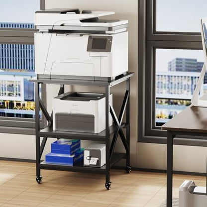3 Tier Printer Stand, Large 23.6"x23.6" Printer Table with Wheels | 3d Rolling Printer Cart with Height Adjustable Storage Shelf,Fit printer/fax/3d/scanner for Home Office, Black - color: Black