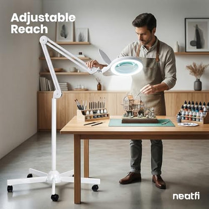 Neatfi LED Magnifying Floor Lamp 1,200 Lumens – 5” Bifocal Glass Lens, Dual Magnification 2.25X + 6X, Dimmable Task Light | Adjustable Arm, Rolling Base | Reading, Crafting & Sewing (White, 5 Inches) - color: White, size: 5 Inches