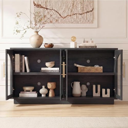 Fatmok 59" Arched Glass Sideboard Buffet Display Cabinet,Grey Black Oak - color: B-black Grey