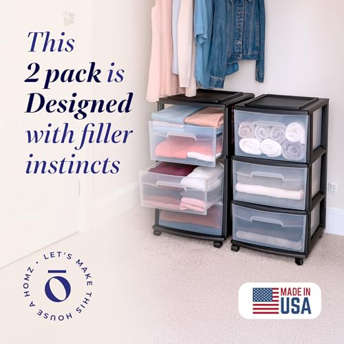HOMZ Drawer Tower 3-Tier Storage Cart, Removable Wheels, Black Frame,2 Pack - color: Black, size: 2 Pack