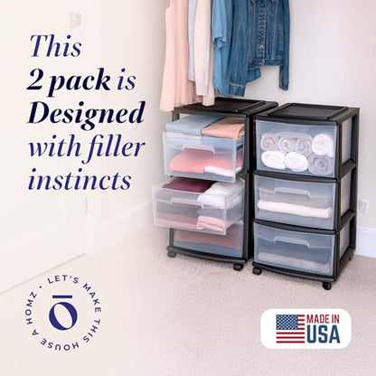 HOMZ Drawer Tower 3-Tier Storage Cart, Removable Wheels, Black Frame,2 Pack - color: Black, size: 2 Pack