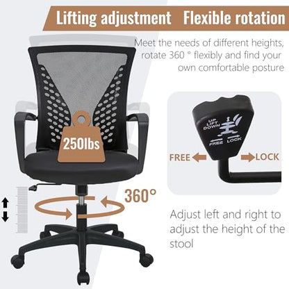 FDW | Mid Back Office Chair | Black | with Lumbar Support, 360 Swivel | Ventilated Design, Height Adjustment | 250 lbs Load Capacity, Rolling Casters | Easy Assembly | For Home, Office - color: Black