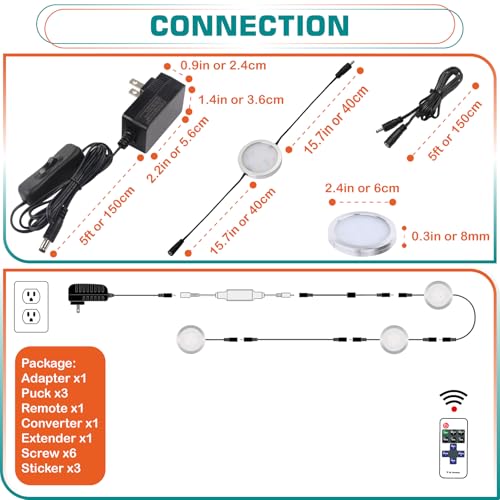 Under Cabinet LED Puck Lights, Remote, AC120V, Black, 3 Lights, Warm White - color: 3 Lights, Warm white