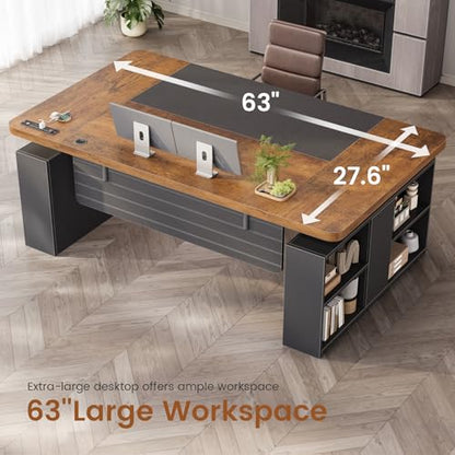 SEDETA 63" Executive Standing Desk with Storage, Executive Height Adjustable Desk with Power Outlets, Large Computer Office Desk with Privacy Panel for Home Office, Brown+Black - color: Rustic Brown
