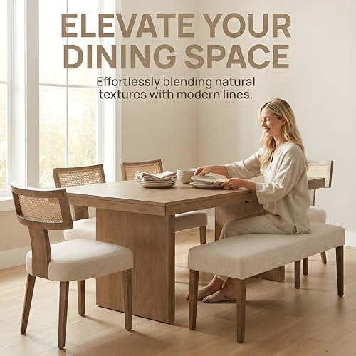 HNY Mid Century Modern Rattan Dining Chairs Set of 2, Linen Upholstered Kitchen & Dining Room Chairs with Ergonomic Curved Back, Solid Wood Frame, Farmhouse Accent Chairs for Home, Apartment, Beige - color: Beige Rattan