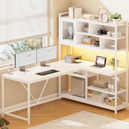SEDETA L Shaped Computer Desk, 58'' Office Desk with LED Light and Bookshelf, L Shaped Corner Desk with Storage Shelves for Home Office, Gaming Desk, L Desk, White - color: White