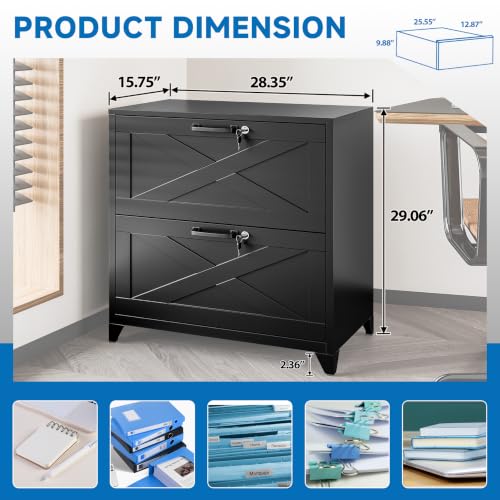 BYNSOE 2 Drawer Lateral File Cabinet Metal Filing Cabinet with Lock Office Home Steel Lateral File Cabinet for A4 Legal/Letter Size Lockable Wide Metal Cabinet,Assembly Required - color: Black, size: 2 Drawers-3