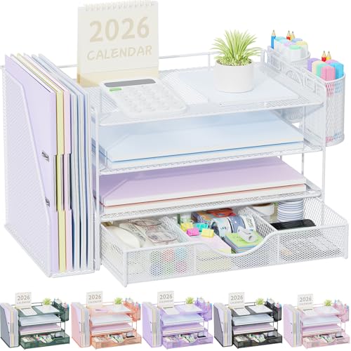 gianotter Desk Organizers and Accessories with File Holder, 4-Tier Desk Accessories & Workspace Organizers with Drawer and 2 Pen Holder, Paper Organizer for Office Supplies (White) - color: White, size: 4T