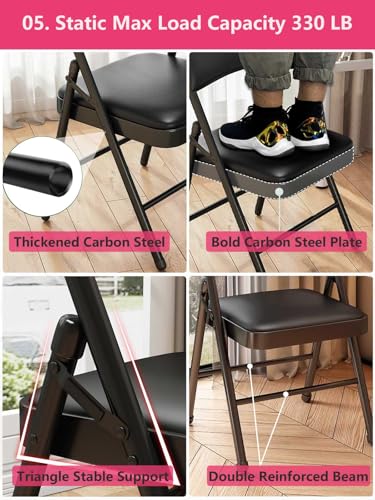 2 Pack Folding Chairs with Leather Padded Cushion and Back Metal - size: 2 pack