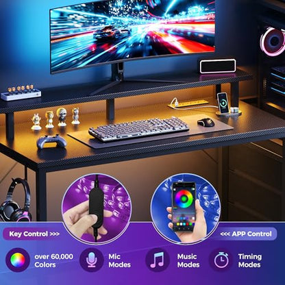 52" Reversible Gaming Desk with LED Lights Power Outlets, Black | Computer Desk with Drawers Can be Used to Store Odds and Handles, Elevated PC Stand To Help You Showcase Your DIY Cases. - color: Black, size: 53 In