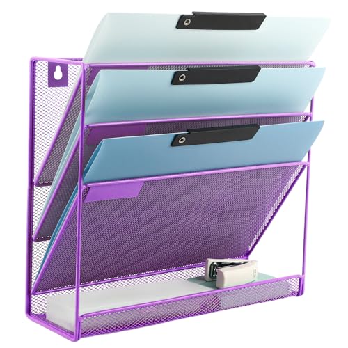 Desk File Organizer Mesh 4-Tier, Hanging Wall Mount Document Organization Stand, Desktop Vertical Mail Paper Folder Holder Rack with Bottom Tray for Office Home Cubicle Countertop, Purple - color: Purple, size: 4 Tier