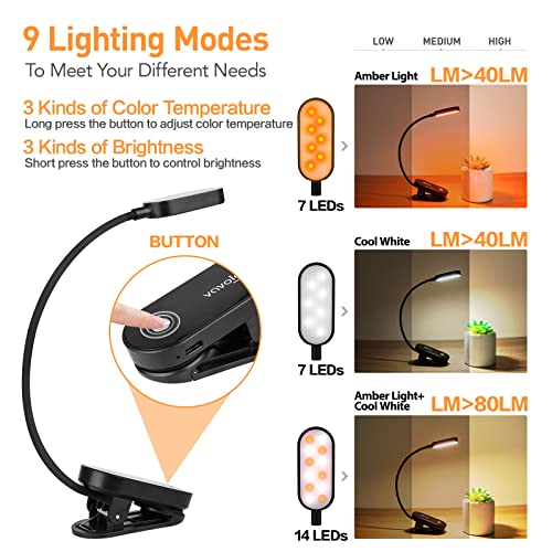 VAVOFO Rechargeable Book Light, 14 LEDs Eye Care Clip On Amber Reading Light for Bookworms Reading in Bed with 9 Colors 9 Brightness(Black) - color: Black