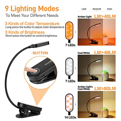 VAVOFO Rechargeable Book Light, 14 LEDs Eye Care Clip On Amber Reading Light for Bookworms Reading in Bed with 9 Colors 9 Brightness(Black) - color: Black
