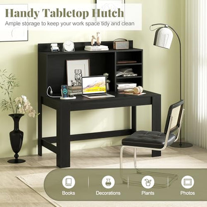 GIANTEX Computer Desk with Hutch, Modern Home Office Desk with Power Outlets, Storage Shelves & Cable Hole, Makeup Vanity Table, Study Writing Desk for Bedroom Office Small Space (Black) - color: Black