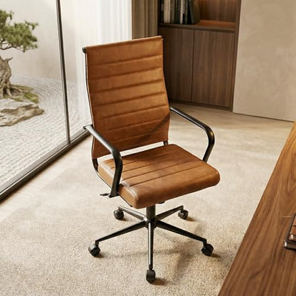 Okeysen Leather Office Desk Chair, Mid-Century Modern Leather Conference Room Chairs, Ergonomic Executive Ribbed Height Adjustable Swivel Rolling Chair for Home Office. - color: Brown