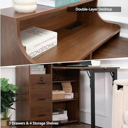 Fold Out Desk with Storage, Hidden Desk with Lockable Drawers & Shelves, Built-in Power Outlet,Folding Desk for Study and Home Office (Walnut) - color: Walnut
