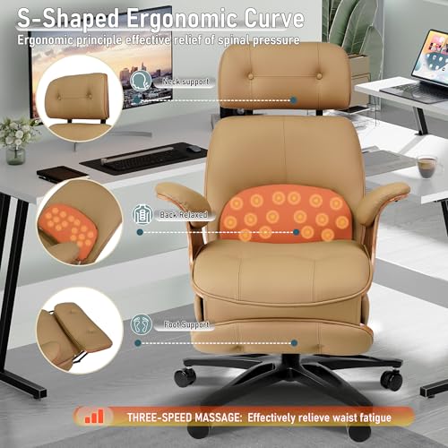 Ergonomic Leather Office Chair,Electric Recline/Footrest/Massage | 90-135° recline, footrest, 3-level massage, S-curve support, fits 5'3-6'1, solid wood, all-day comfort for home office,brown - color: Brown