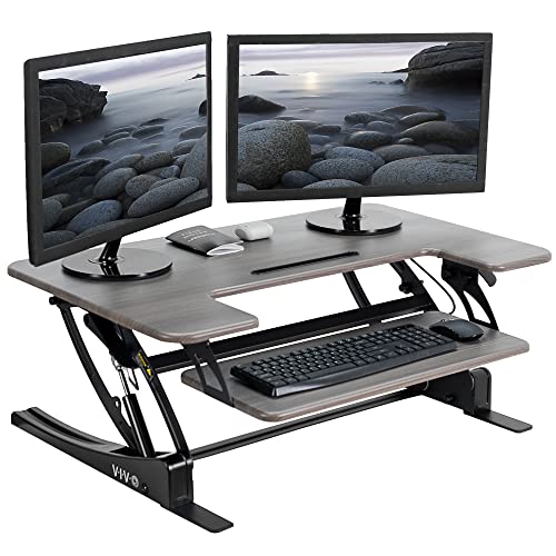 VIVO Dark Gray 36 inch Standing Desk Converter, DESK-V000VG | Height Adjustable, Stand Up Desk Riser, Wide Keyboard Tray, Dual Monitor and Laptop Workstation, Black Frame, V Series - color: Grey, size: 36"