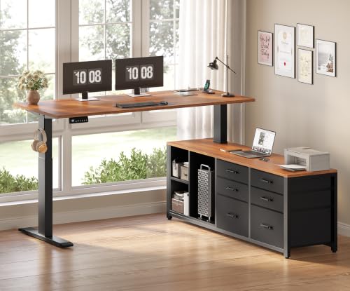 SEDETA L Shaped Electric Standing Desk, 55" x 55" Height Adjustable Corner Office Desk with 6 Fabric Drawers and Storage Shelves, Stand up Home Office Desk with Power Outlet, Black and Brown - color: Black + Brown