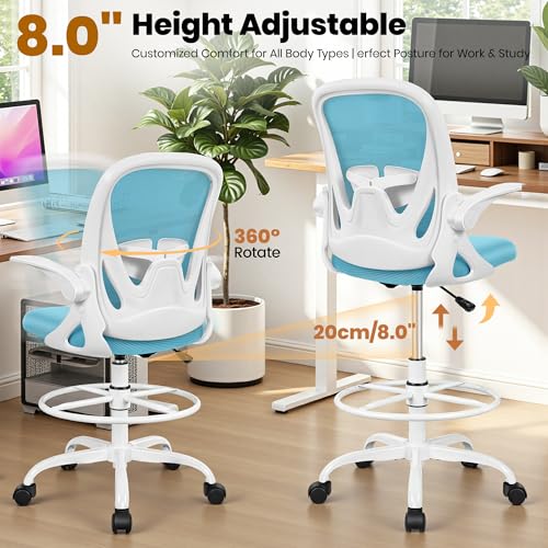 Primy Drafting Chair Tall Office Chair with Flip-up Armrests Executive Ergonomic Computer Standing Desk Chair with Lumbar Support and Adjustable Footrest Ring（Blue） - color: Blue, size: 934-Z