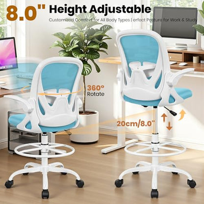 Primy Drafting Chair Tall Office Chair with Flip-up Armrests Executive Ergonomic Computer Standing Desk Chair with Lumbar Support and Adjustable Footrest Ring（Blue） - color: Blue, size: 934-Z