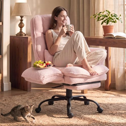 Wider Seat Office Chair with Flip Armrests for Criss Cross Legged&Cats, Big and Tall Executive Ergonomic Reclining Chair with Footrest&Lumbar Pillow, Teddy Fleece Desk Chair,Pink Vanity Chair - color: Pink
