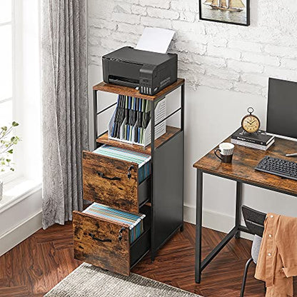 VASAGLE 2-Drawer File Cabinet with Lock, Open Shelf, Printer Stand | For A4 and Letter Sized Files, Adjustable Feet, Industrial, Rustic Brown and Black, BARNET Collection UOFC045B01V1