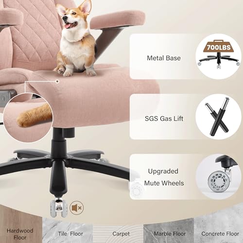 Fabric 700lbs Big and Tall Office Chair, Ergonomic Heavy Duty Executive Cloth Office Chair with 5D Flip Arms & Adjustable Lumbar Support & Dual Rubber Wheel, Large Thick Padded Extra Wide Seat, Pink - color: Pinkcloth