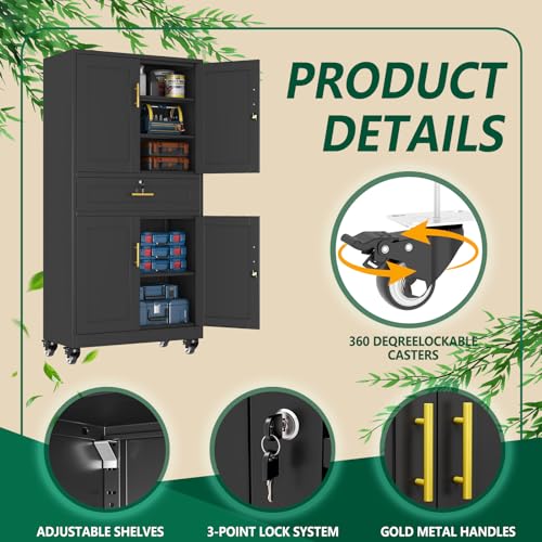 winiowa 71" Tall Metal Garage Storage Cabinet with Wheels and Locking Doors, Locking Rolling Tool Cabinet with Drawer and 3 Adjustable Shelves for Garage,Home,Office (Black) - color: Black-drawer