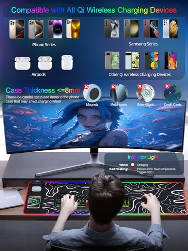 XXL Mouse Pad with Phone Holder - Black, RGB Desk Mat with 15W Fast Charging, LED Gaming Mousepad with 11 Light Colors, Waterproof Non-Slip Pad for Office & Home (Topographic) - color: Topographic