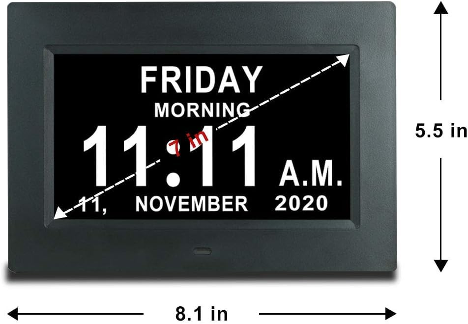 TMC 7 Inch Digital Clock with Day and Date for Elderly - 12 Alarm Options, Auto-Dim, Age Seniors,Elderly, Alzheimer - color: 7"-12 Alarm-black